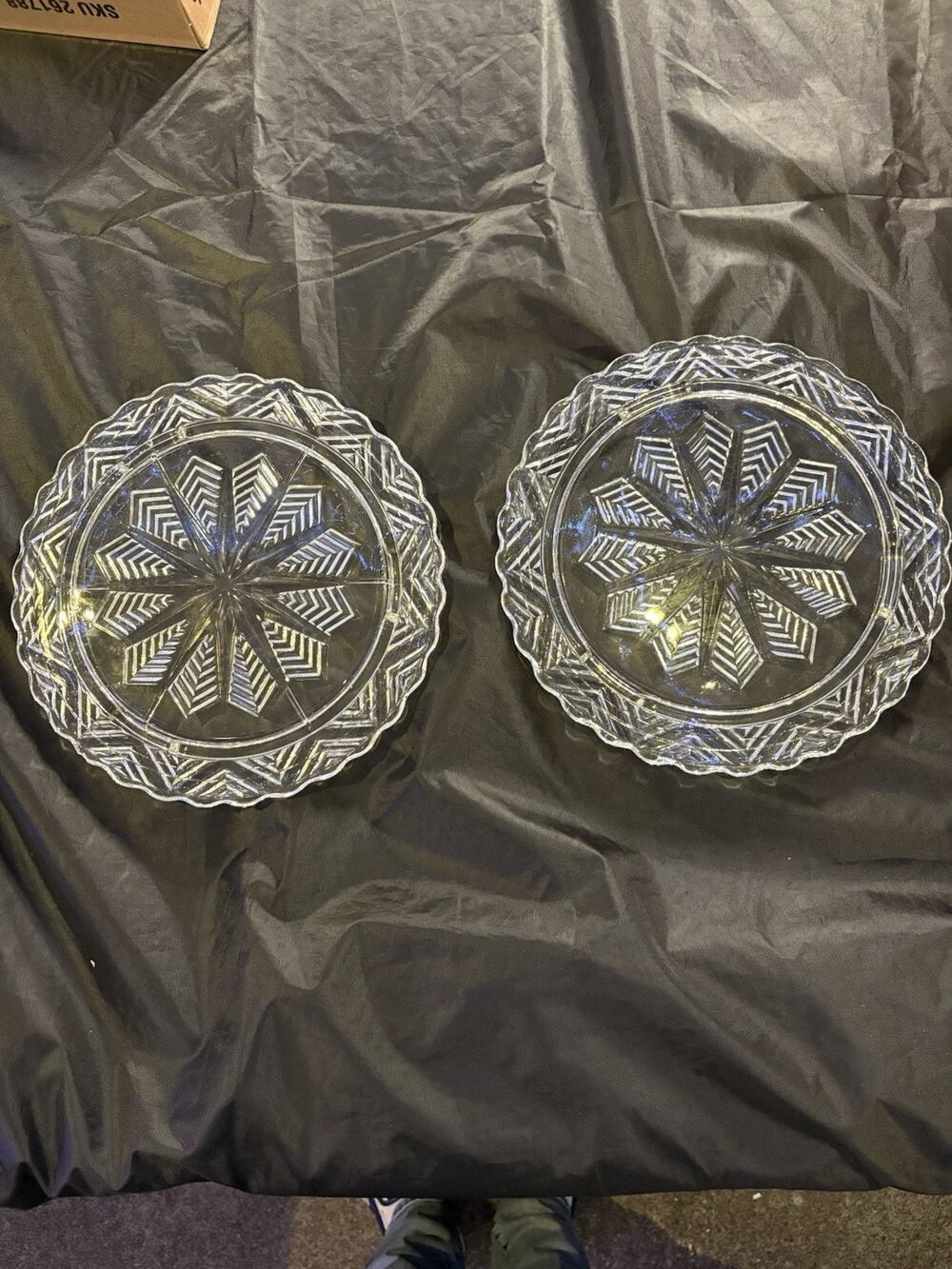 Vintage Pair Of Federal Pressed Glass 11” Snowflake Star Chevron Cake Plates